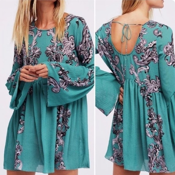 Free People Dresses & Skirts - Intimately Free People Symphony Jade Printed Bell Sleeve Slip Dress Sz M